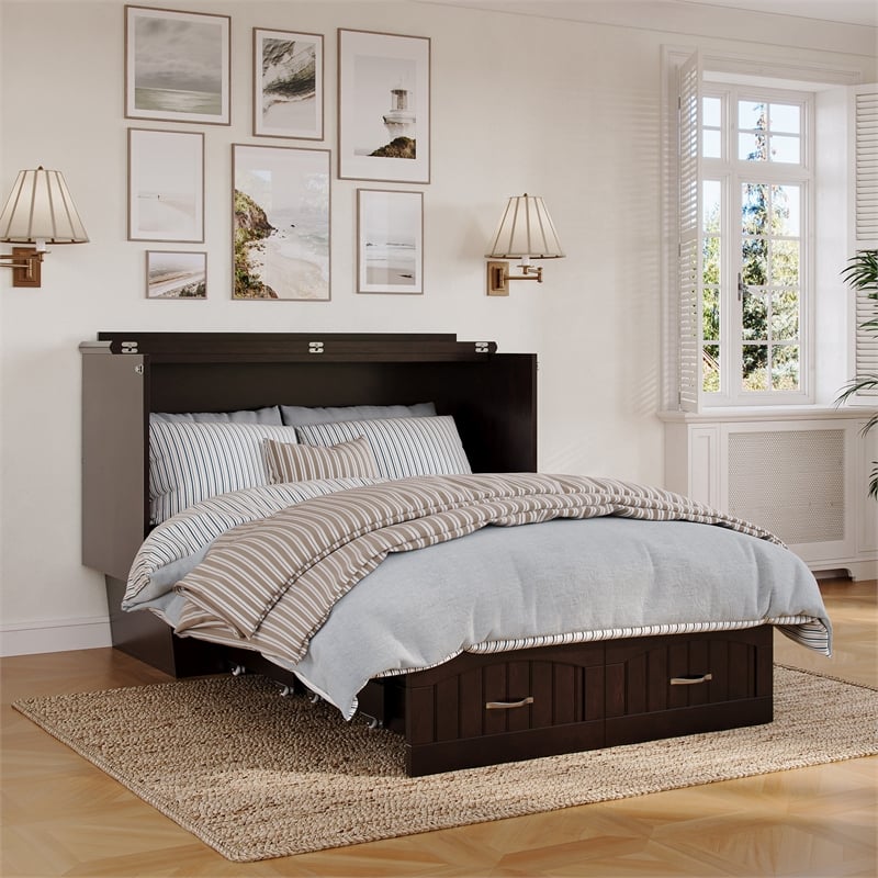Nantucket Full Wood Murphy Bed Chest w/Mattress and Built-in Charger in Espresso