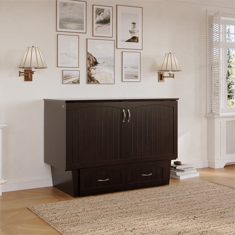 Nantucket Full Wood Murphy Bed Chest w/Mattress and Built-in Charger in Espresso
