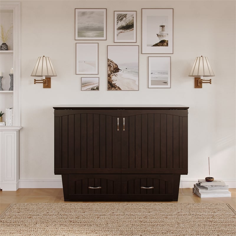 Nantucket Full Wood Murphy Bed Chest w/Mattress and Built-in Charger in Espresso