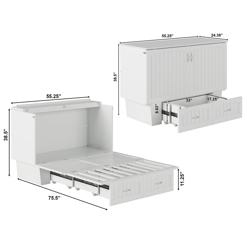 Nantucket Full Size Wood Murphy Bed Chest w/Mattress & Built-in Charger in White