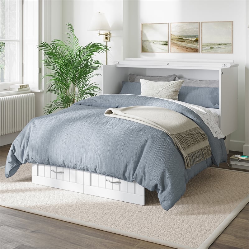 Nantucket Full Size Wood Murphy Bed Chest w/Mattress & Built-in Charger in White