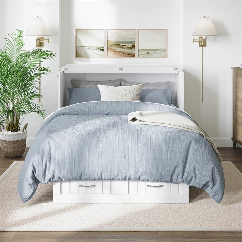 Nantucket Full Size Wood Murphy Bed Chest w/Mattress & Built-in Charger in White