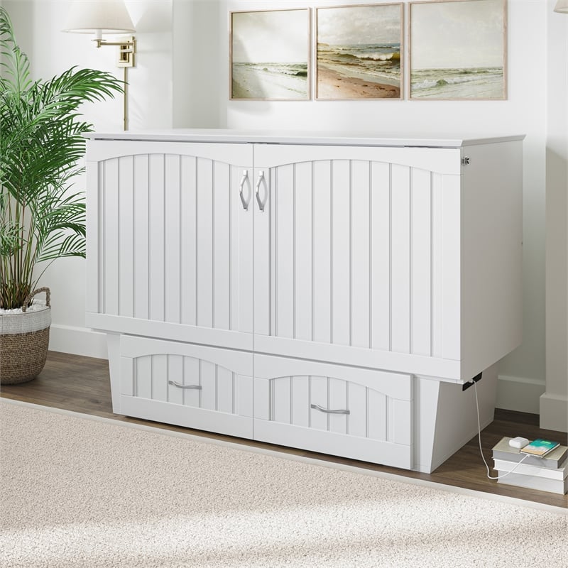 Nantucket Full Size Wood Murphy Bed Chest w/Mattress & Built-in Charger in White