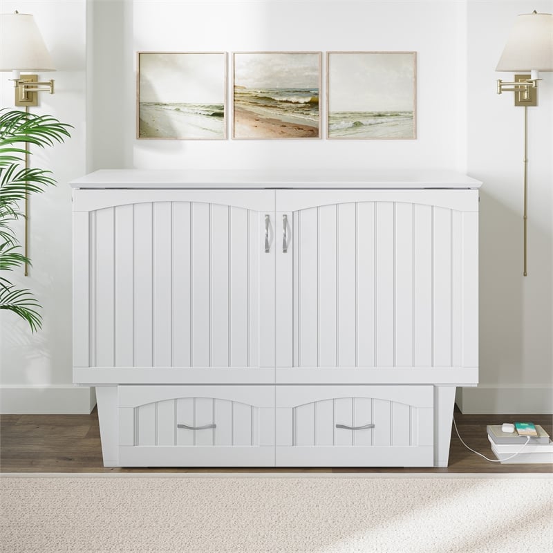 Nantucket Full Size Wood Murphy Bed Chest w/Mattress & Built-in Charger in White