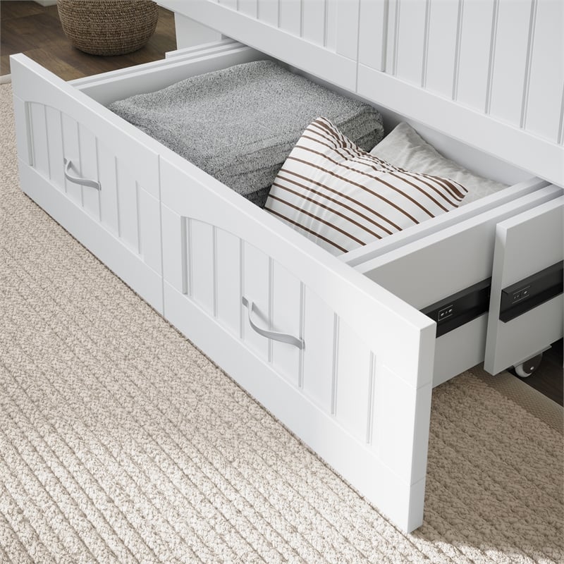 Nantucket Full Size Wood Murphy Bed Chest w/Mattress & Built-in Charger in White