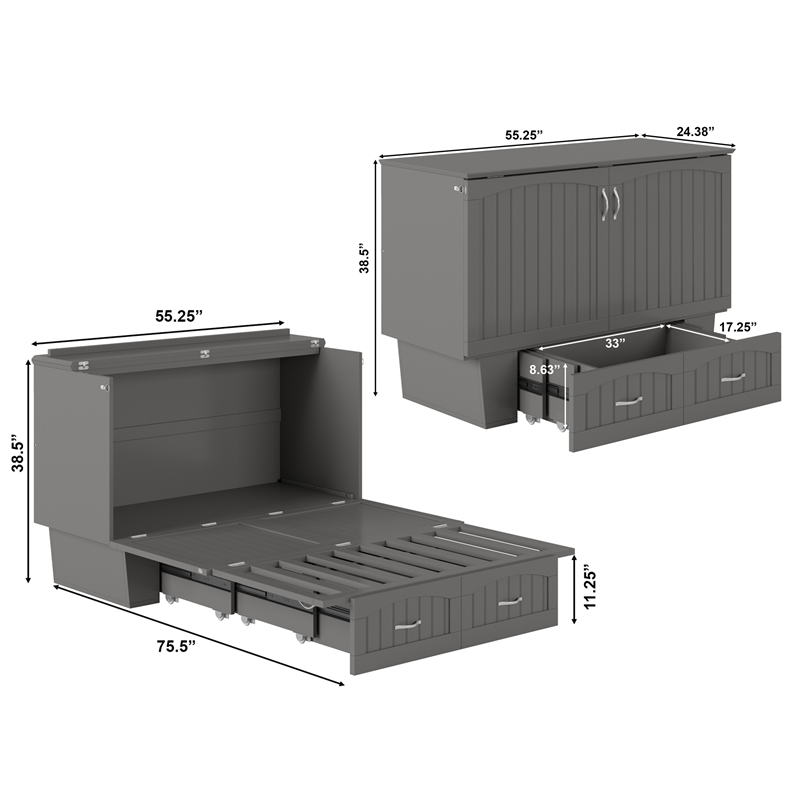 Nantucket Full Wood Size Murphy Bed Chest w/ Mattress & Built-in Charger in Gray