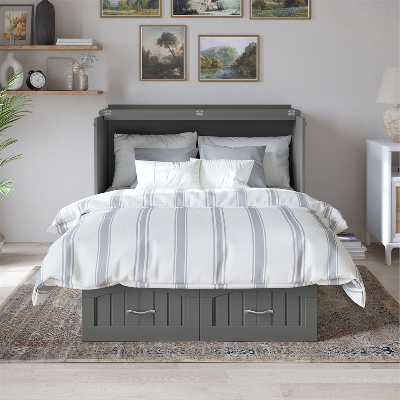 Nantucket Full Wood Size Murphy Bed Chest w/ Mattress & Built-in Charger in Gray