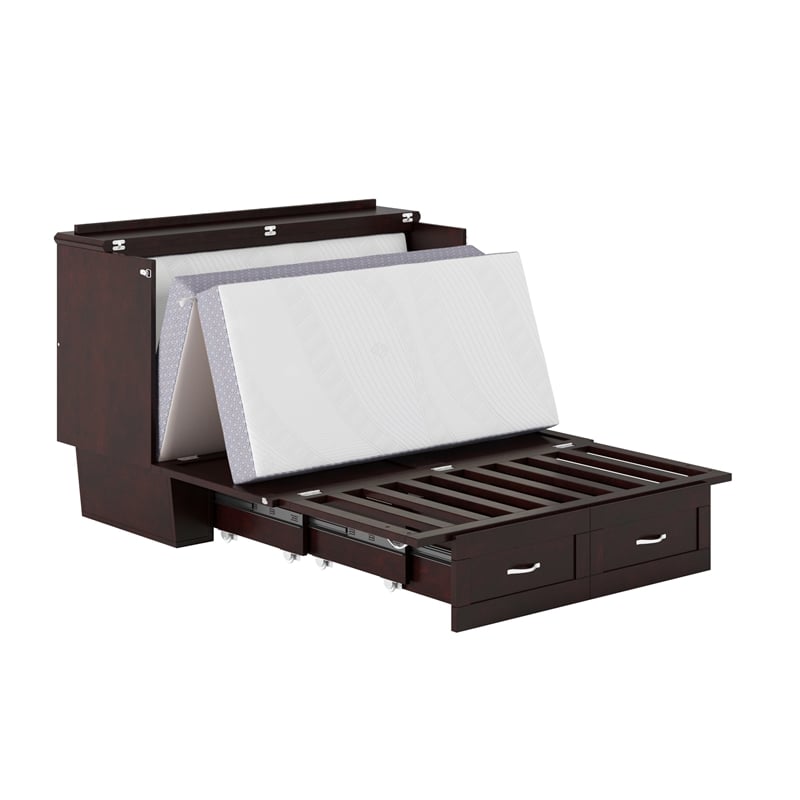 Monroe Solid Wood Frame Full Size Murphy Bed Chest with Mattress in Espresso
