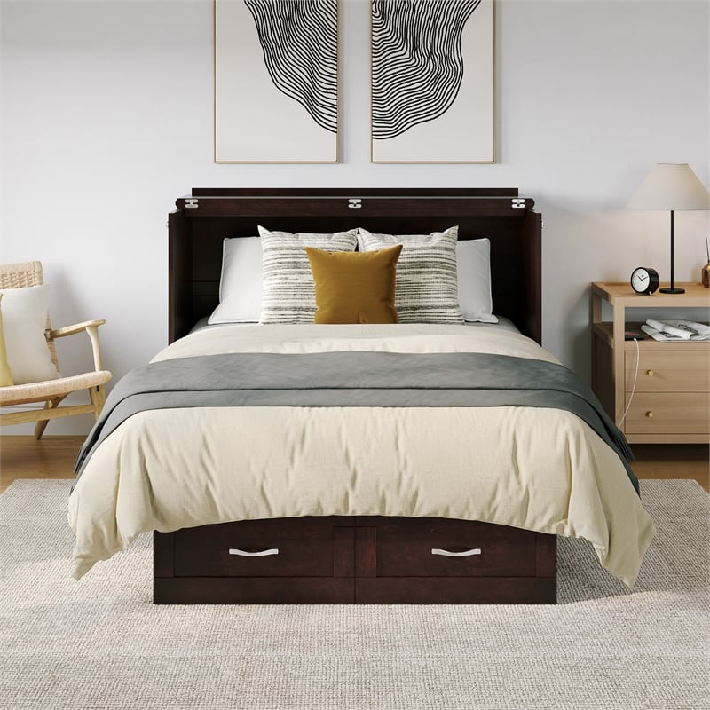 Monroe Solid Wood Frame Full Size Murphy Bed Chest with Mattress in Espresso