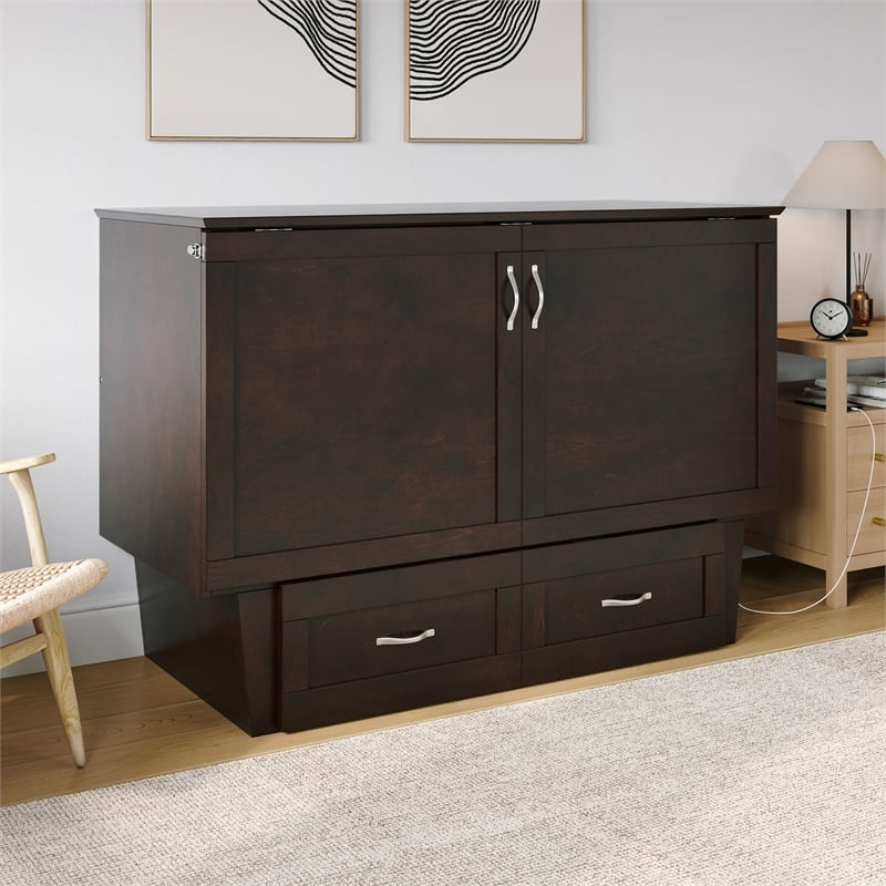 Monroe Solid Wood Frame Full Size Murphy Bed Chest with Mattress in Espresso