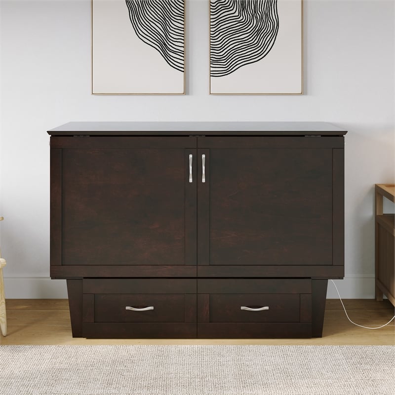 Monroe Solid Wood Frame Full Size Murphy Bed Chest with Mattress in Espresso
