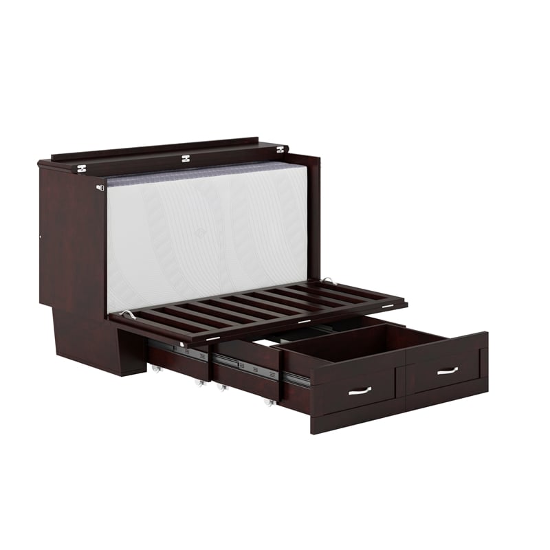 Monroe Solid Wood Frame Full Size Murphy Bed Chest with Mattress in Espresso