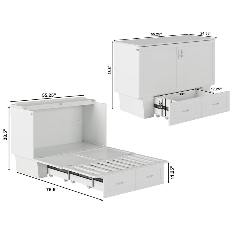 Monroe Solid Wood Frame Full Size Murphy Bed Chest with Mattress in White