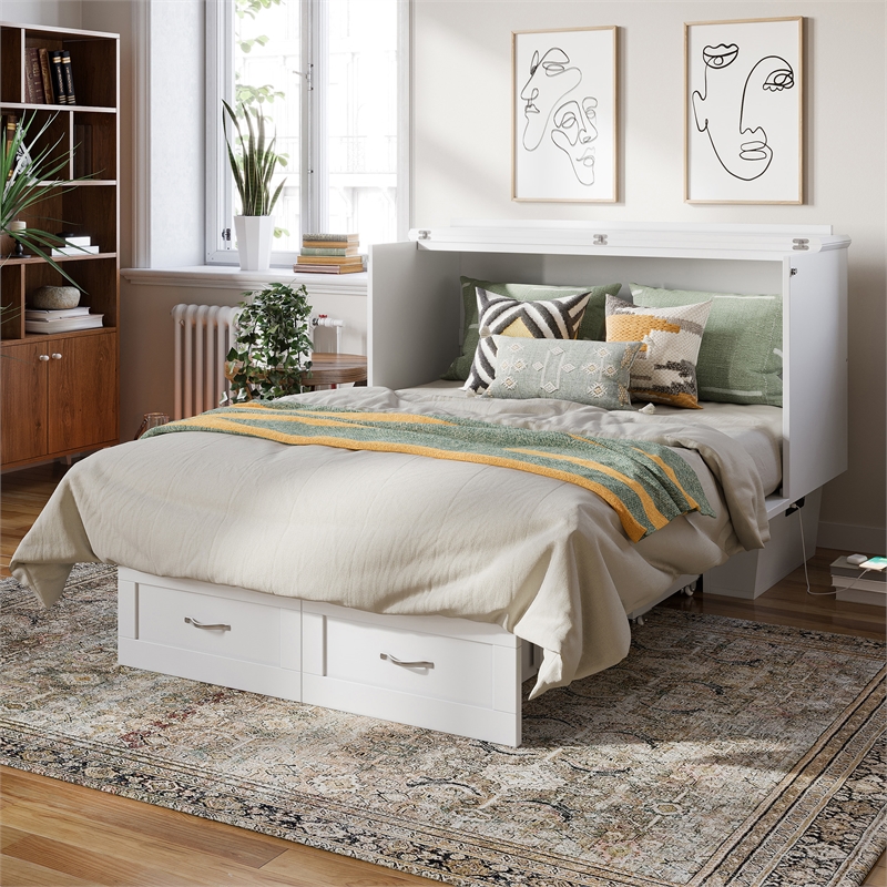 Monroe Solid Wood Frame Full Size Murphy Bed Chest with Mattress in White