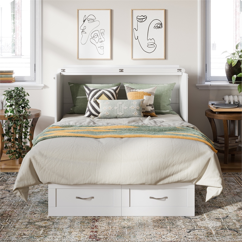 Monroe Solid Wood Frame Full Size Murphy Bed Chest with Mattress in White