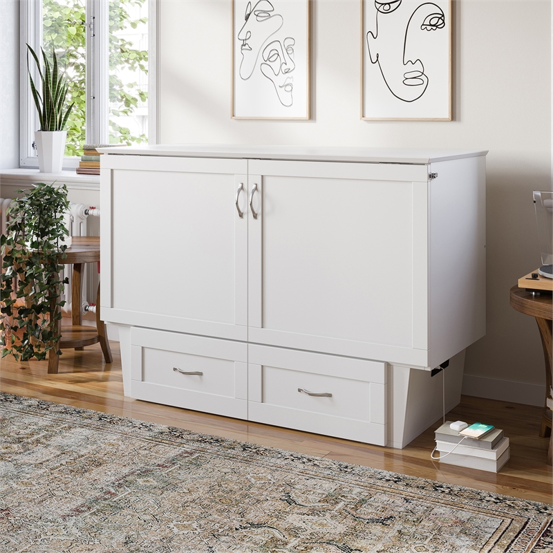 Monroe Solid Wood Frame Full Size Murphy Bed Chest with Mattress in White