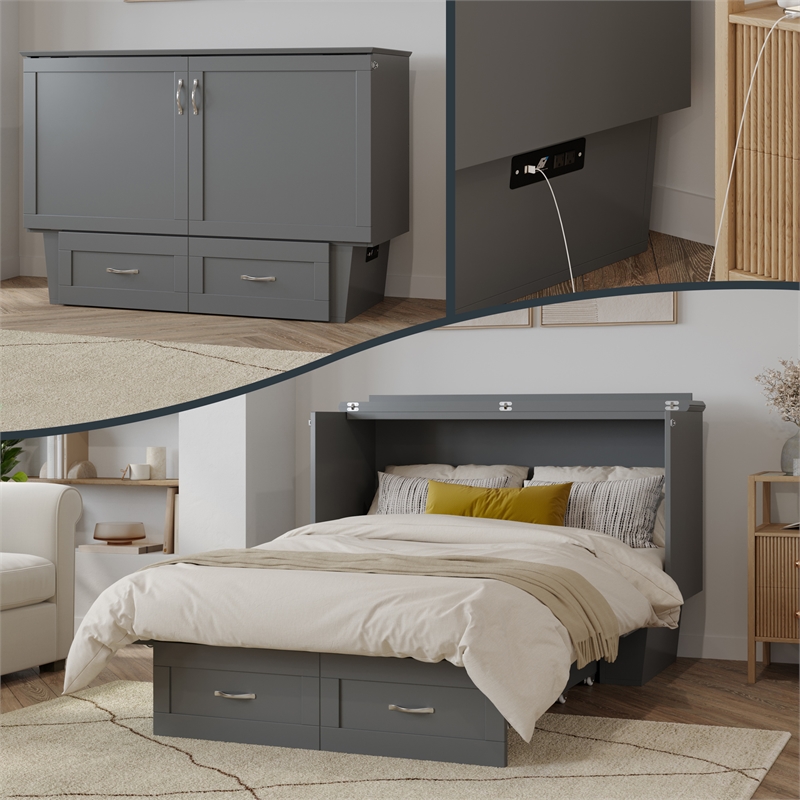 Monroe Full Wood Murphy Bed Chest with Mattress & Charging Station in Gray