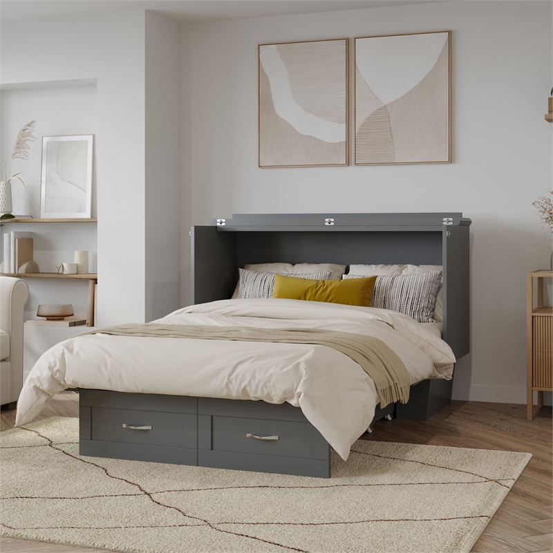 Monroe Full Wood Murphy Bed Chest with Mattress & Charging Station in Gray