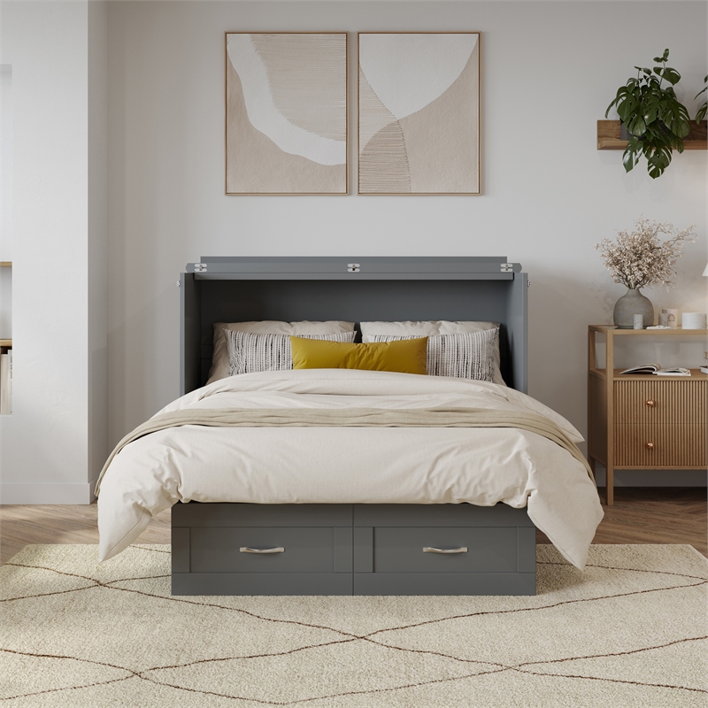 Monroe Full Wood Murphy Bed Chest with Mattress & Charging Station in Gray