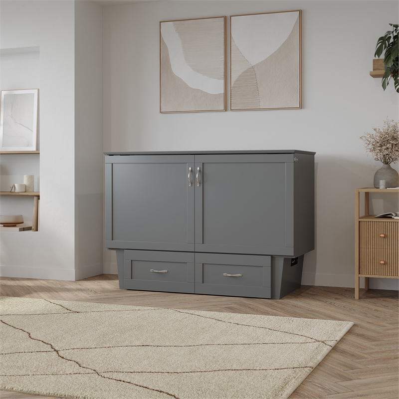 Monroe Full Wood Murphy Bed Chest with Mattress & Charging Station in Gray