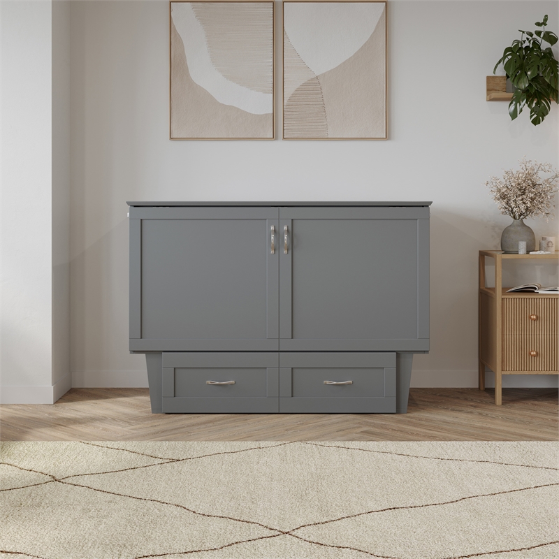 Monroe Full Wood Murphy Bed Chest with Mattress & Charging Station in Gray