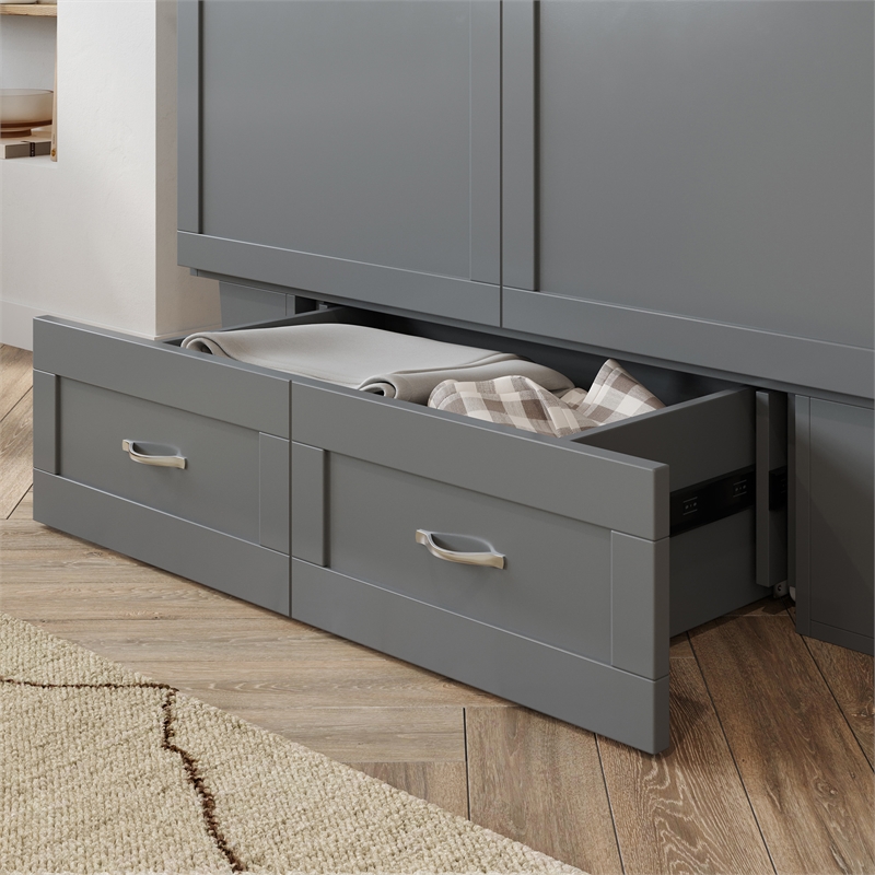 Monroe Full Wood Murphy Bed Chest with Mattress & Charging Station in Gray