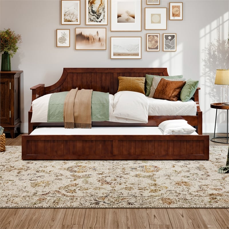 AFI Cambridge Mid-Century Solid Wood Daybed with Twin Trundle in Walnut