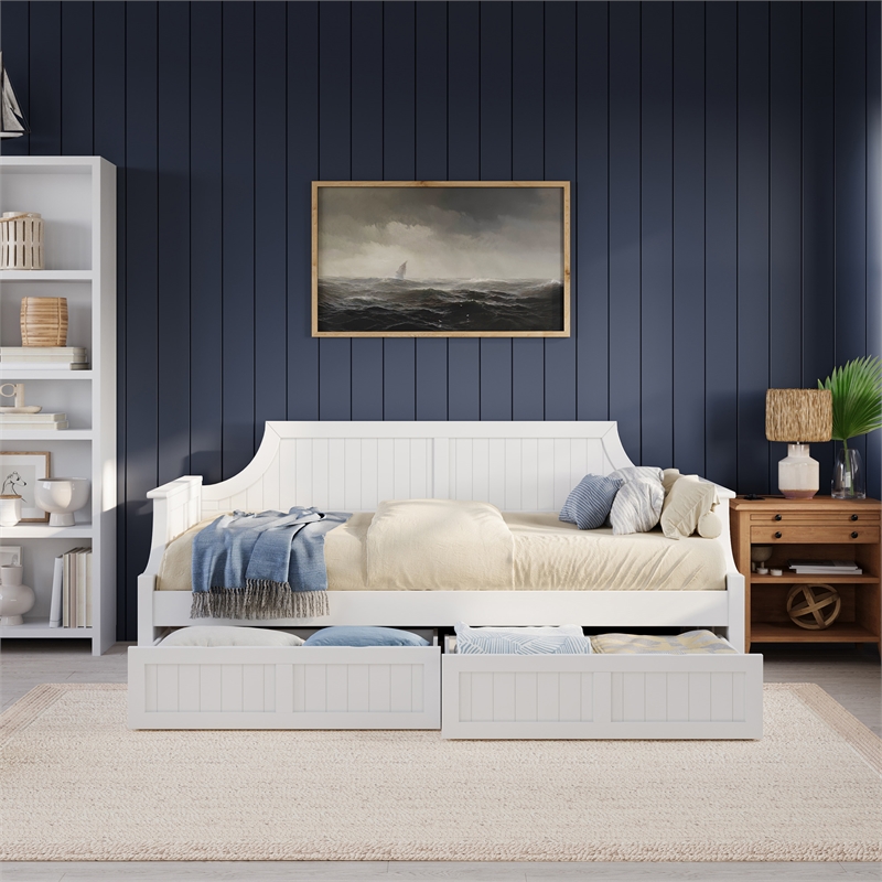 AFI Cambridge Mid-Century Solid Wood Twin Daybed with Set of 2 Drawers in White