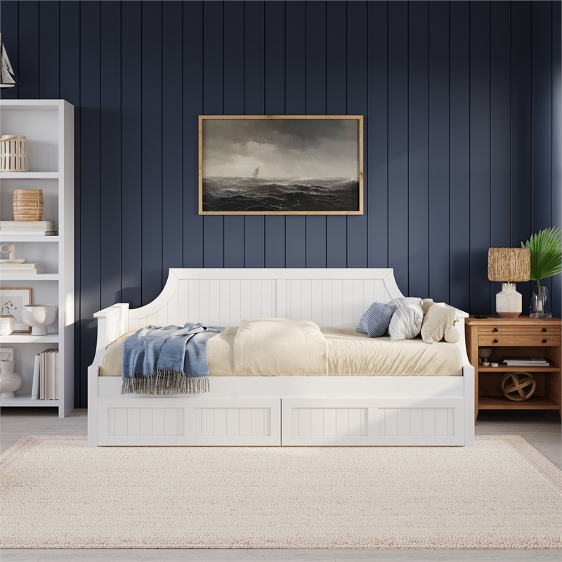 AFI Cambridge Mid-Century Solid Wood Twin Daybed with Set of 2 Drawers in White