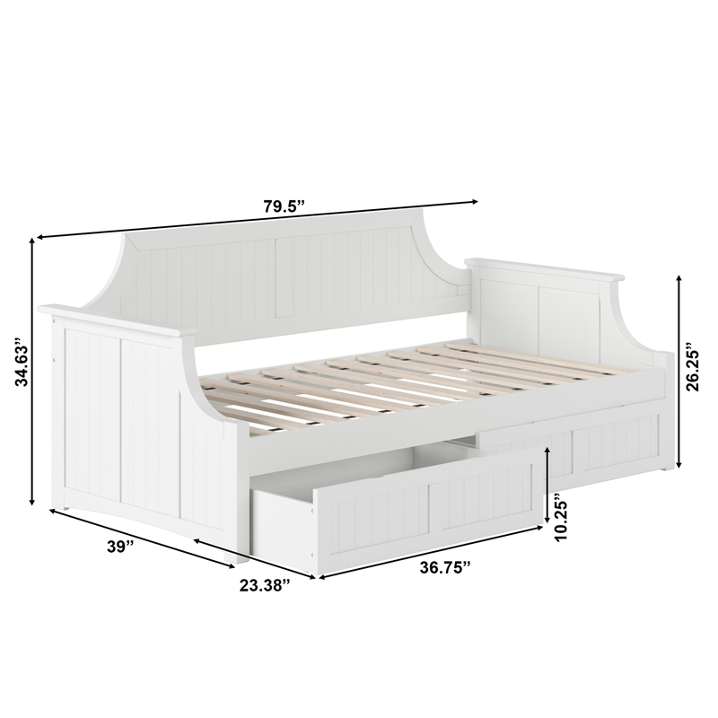 AFI Cambridge Mid-Century Solid Wood Twin Daybed with Set of 2 Drawers in White