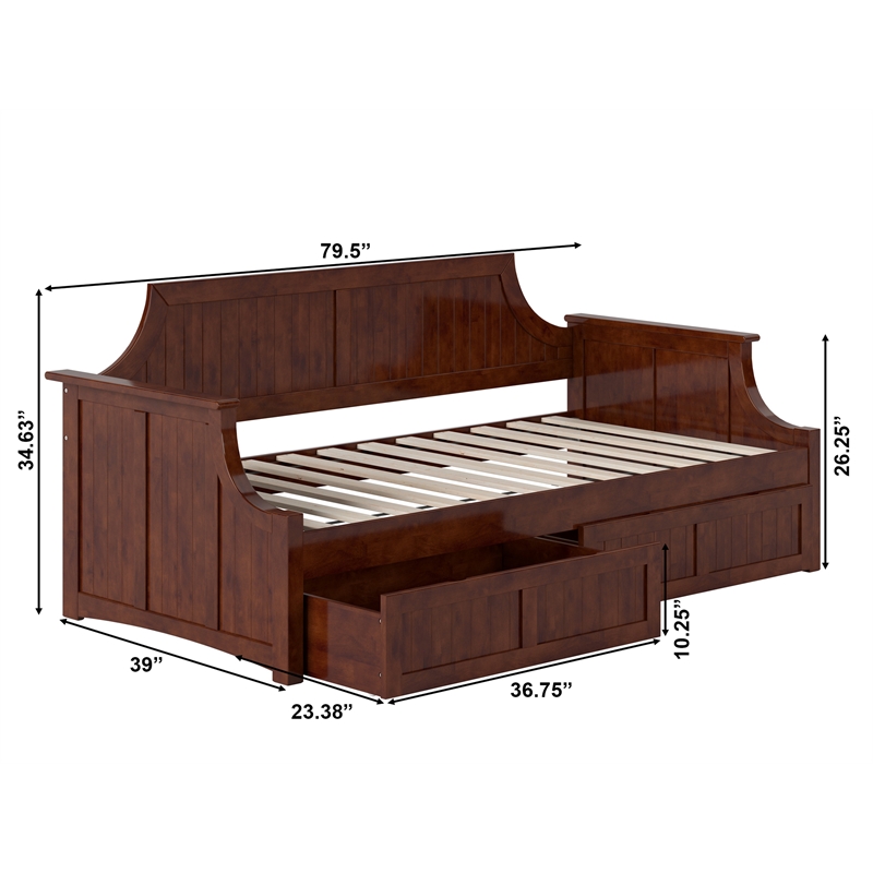 AFI Cambridge Mid-Century Solid Wood Twin Daybed with Set of 2 Drawers in Walnut