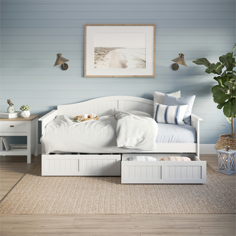 AFI Nantucket Mid-Century Solid Wood Twin Daybed with Set of 2 Drawers in White