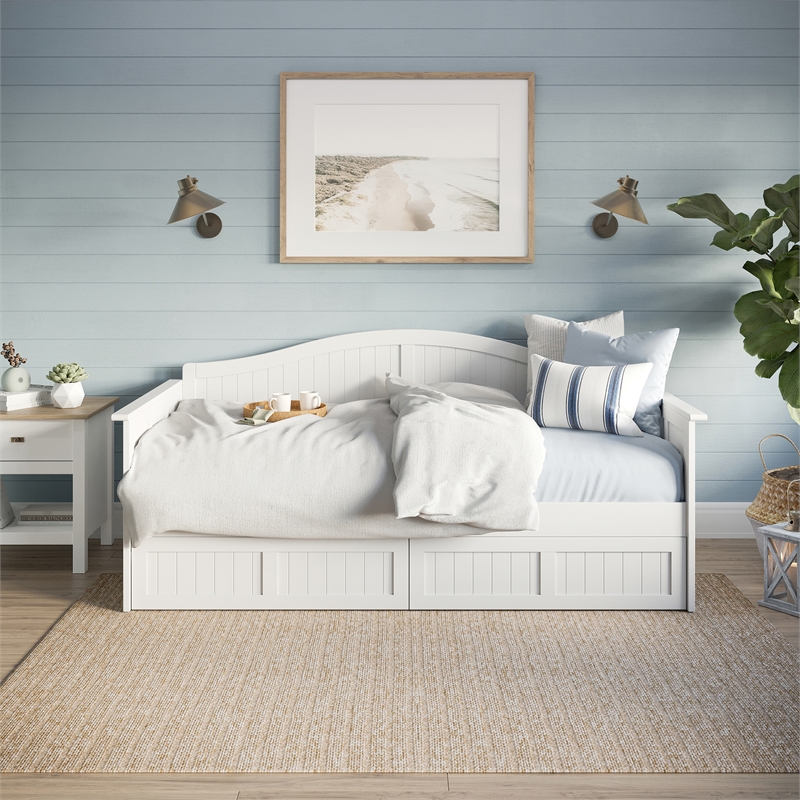 AFI Nantucket Mid-Century Solid Wood Twin Daybed with Set of 2 Drawers in White