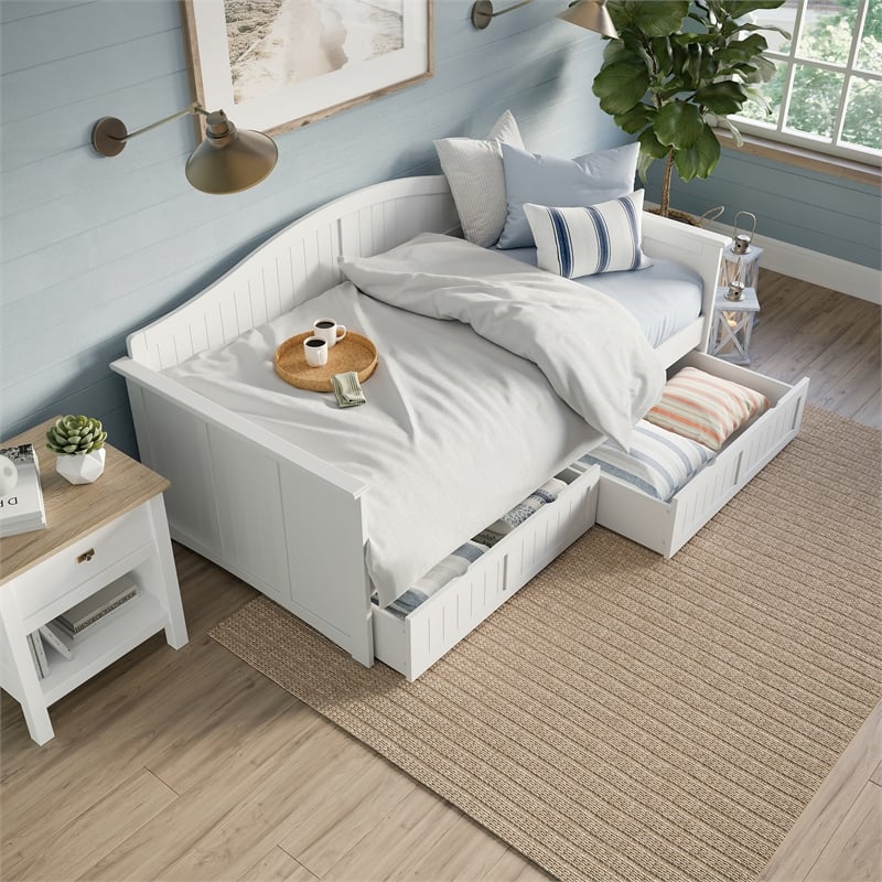 AFI Nantucket Mid-Century Solid Wood Twin Daybed with Set of 2 Drawers in White