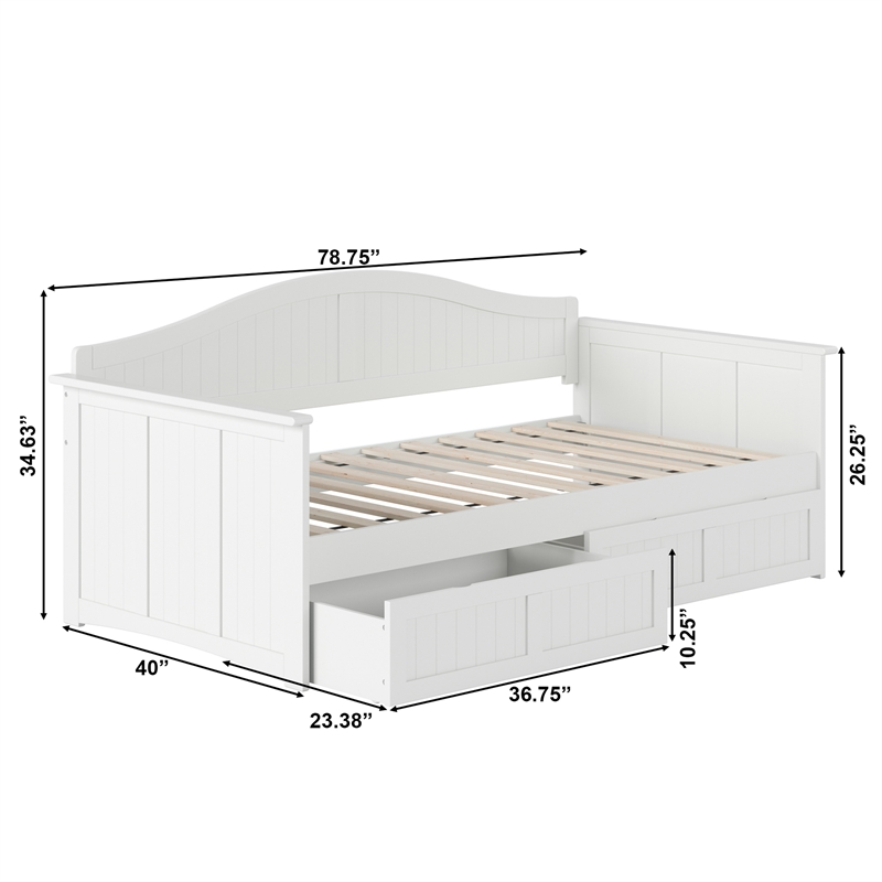 AFI Nantucket Mid-Century Solid Wood Twin Daybed with Set of 2 Drawers in White
