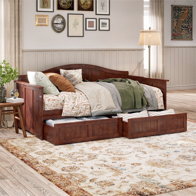 AFI Nantucket Mid-Century Solid Wood Twin Daybed with Set of 2 Drawers in Walnut