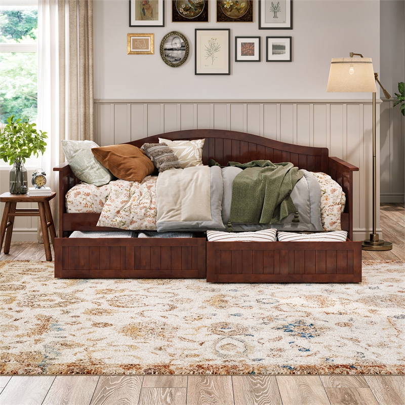 AFI Nantucket Mid-Century Solid Wood Twin Daybed with Set of 2 Drawers in Walnut