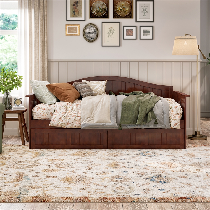 AFI Nantucket Mid-Century Solid Wood Twin Daybed with Set of 2 Drawers in Walnut
