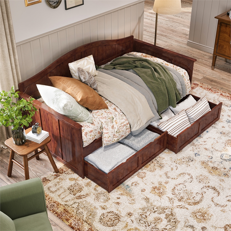 AFI Nantucket Mid-Century Solid Wood Twin Daybed with Set of 2 Drawers in Walnut