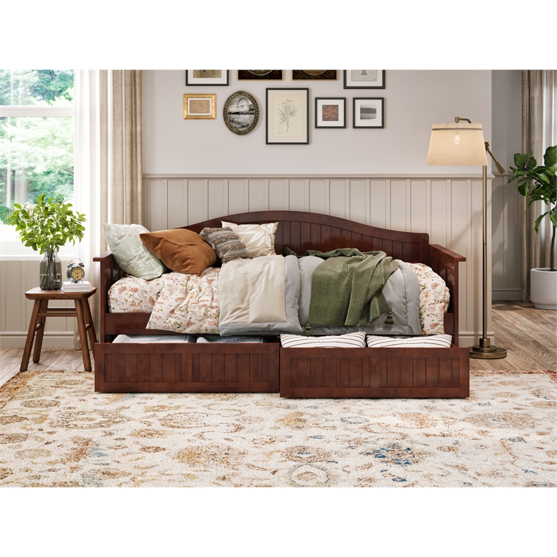 AFI Nantucket Mid-Century Solid Wood Twin Daybed with Set of 2 Drawers in Walnut