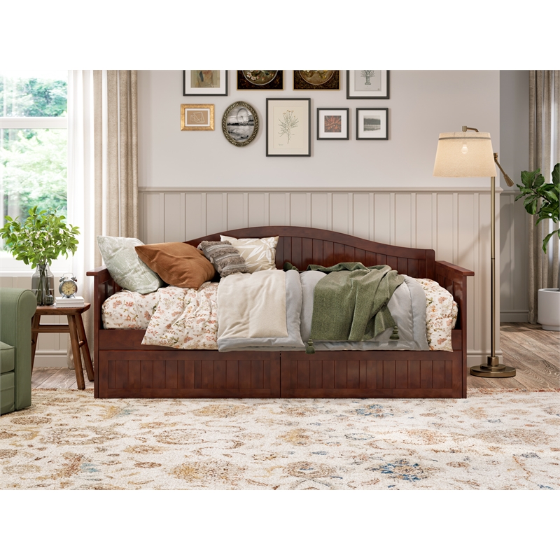 AFI Nantucket Mid-Century Solid Wood Twin Daybed with Set of 2 Drawers in Walnut