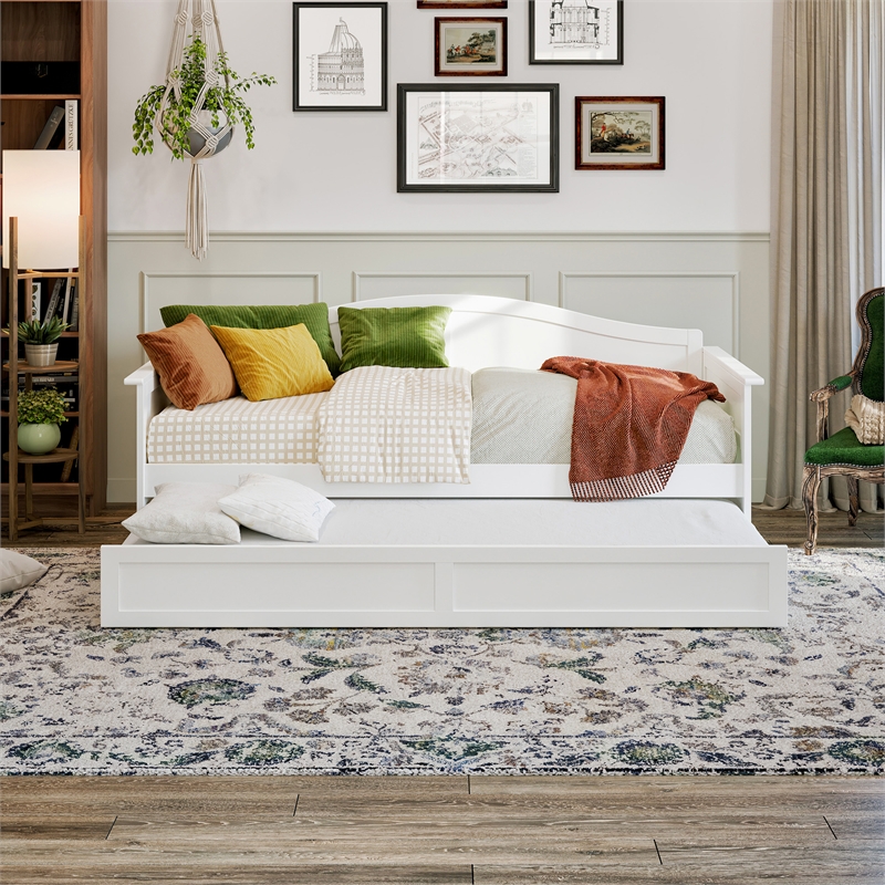 AFI Acadia Mid-Century Solid Wood Daybed with Twin Trundle in White