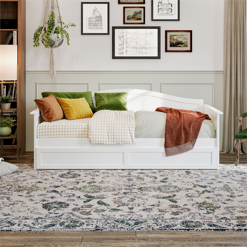AFI Acadia Mid-Century Solid Wood Daybed with Twin Trundle in White