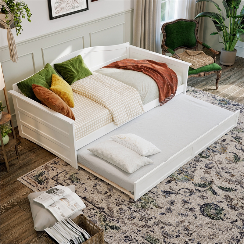 AFI Acadia Mid-Century Solid Wood Daybed with Twin Trundle in White