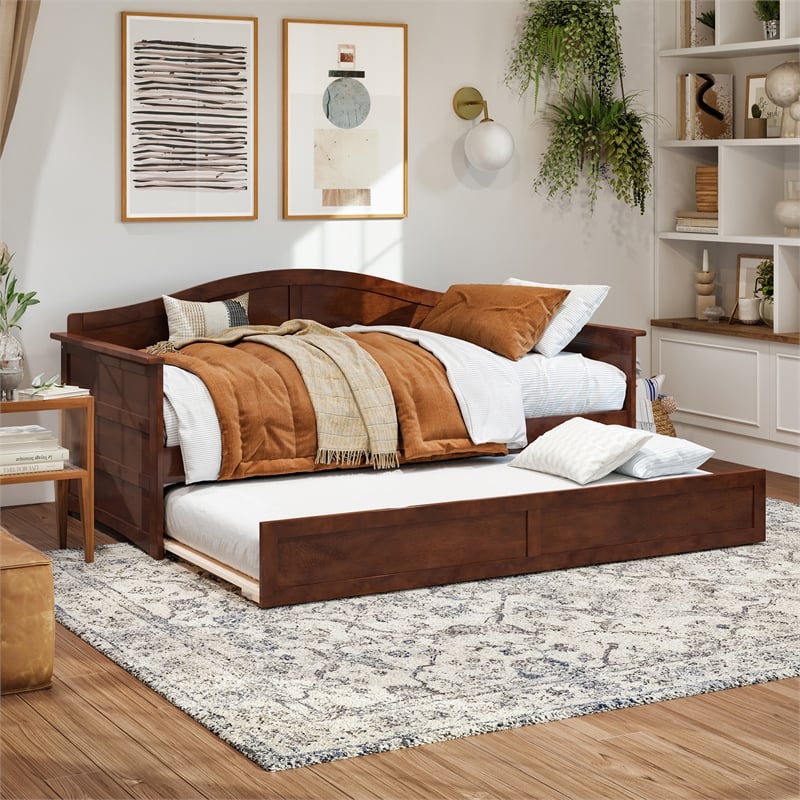 AFI Acadia Mid-Century Solid Wood Daybed with Twin Trundle in Walnut