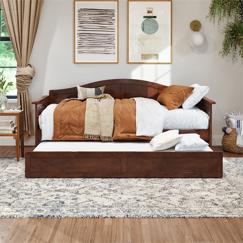 AFI Acadia Mid-Century Solid Wood Daybed with Twin Trundle in Walnut