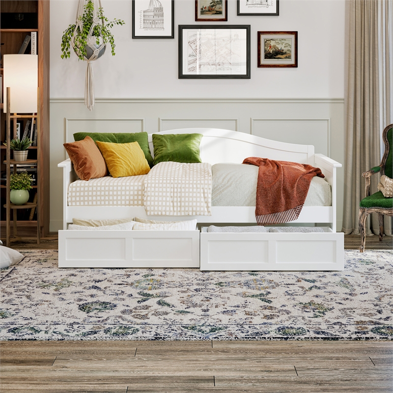 AFI Acadia Mid-Century Solid Wood Twin Daybed with Set of 2 Drawers in White
