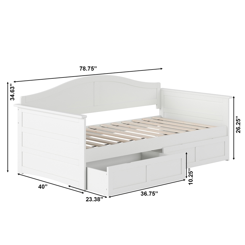 AFI Acadia Mid-Century Solid Wood Twin Daybed with Set of 2 Drawers in White