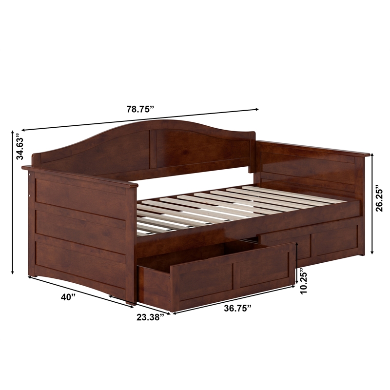 AFI Acadia Mid-Century Solid Wood Twin Daybed with Set of 2 Drawers in Walnut