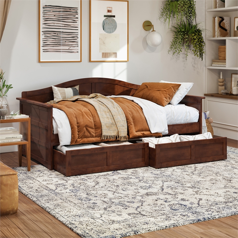 AFI Acadia Mid-Century Solid Wood Twin Daybed with Set of 2 Drawers in Walnut